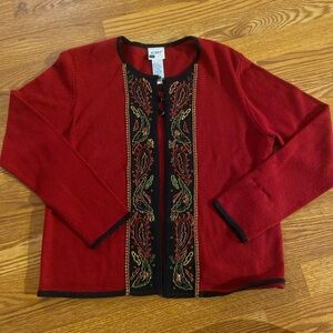 Elegant Red and Black Embroidered Cardigan